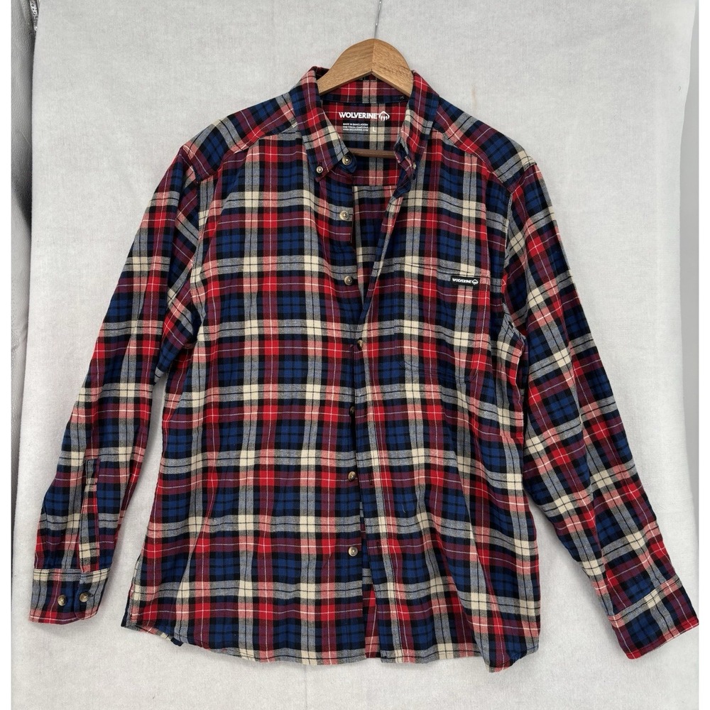 WOLVERINE Mens L Flannel Shirt Red Blue Plaid Long Sleeve Button Up Casual